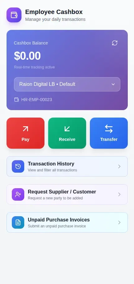 Quantum E-Wallet employee cashbox: a running balance with pay, receive and transfer actions, transaction history and unpaid purchase invoices.