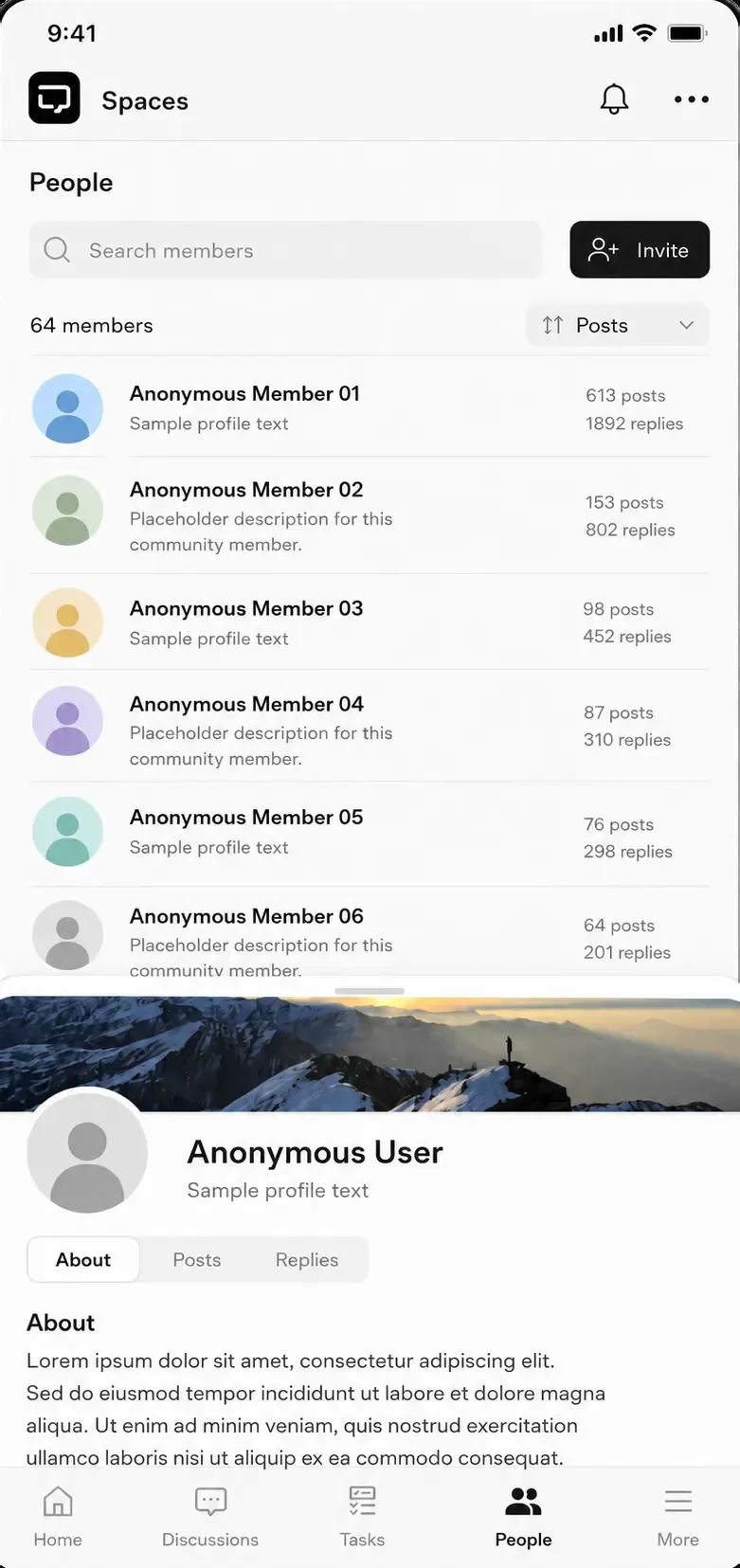Spaces people directory: a searchable member list with post and reply counts, over a member profile card.